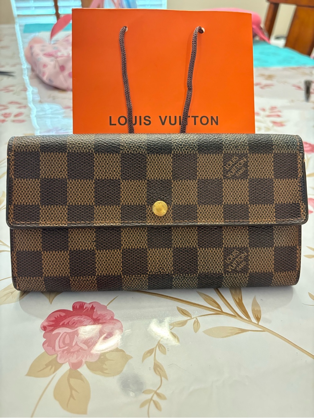 Louis Vuitton Brown Damier Check Continental Wallet with Gold Accent
